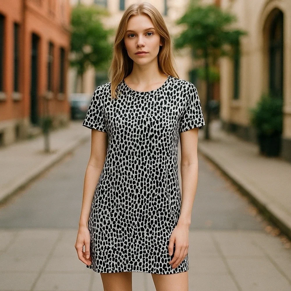 MICHAEL KORS Short T-Shirt Dress Jersey Gray Animal Print Keyhole Short Sleeve M